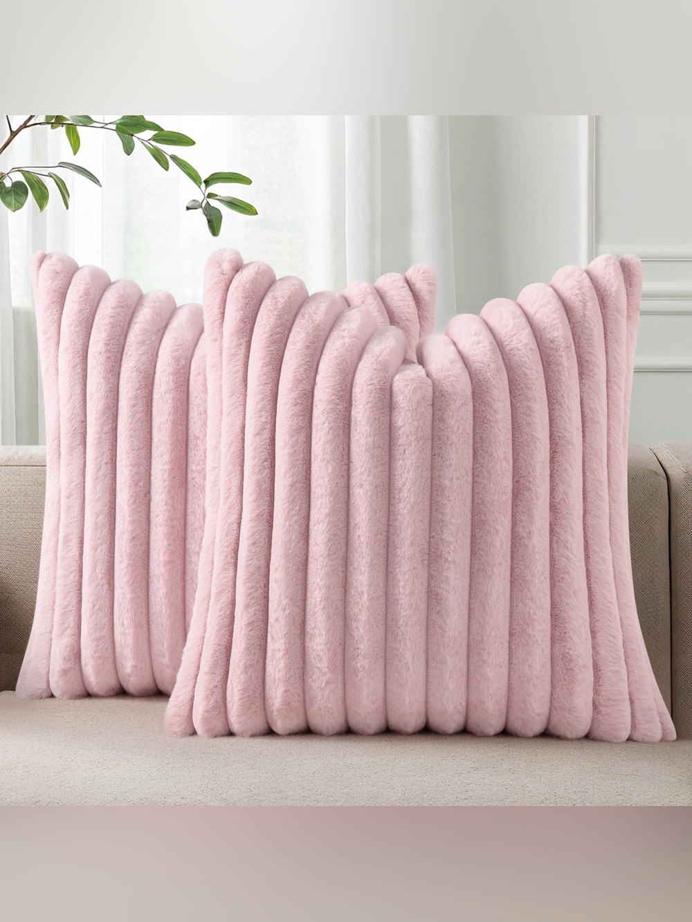 Faux Fur 26x26 Pillow Covers Blush Pink Set Of 2 Luxury Soft Stipe Large 🩷🐰